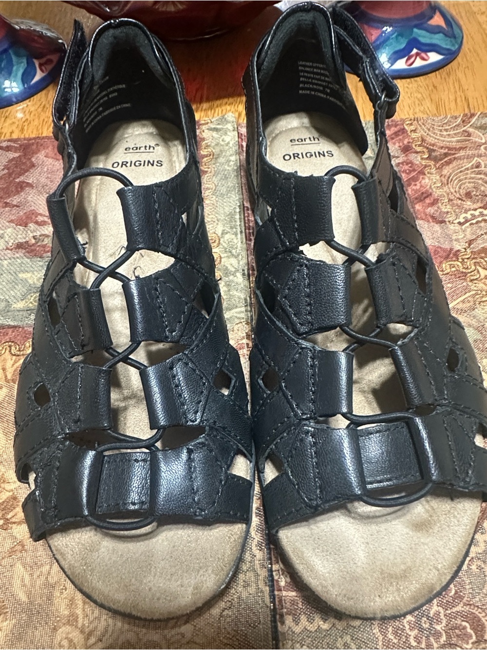 Earth Origins Black Leather Caged Comfort Sandals